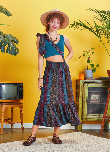 Blue Shades Cross Sash Midi Tiered Skirt