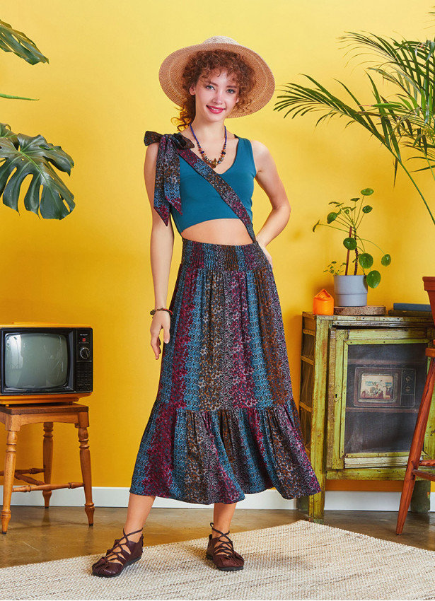 Blue Shades Cross Sash Midi Tiered Skirt