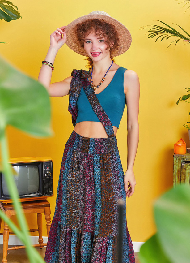 Blue Shades Cross Sash Midi Tiered Skirt