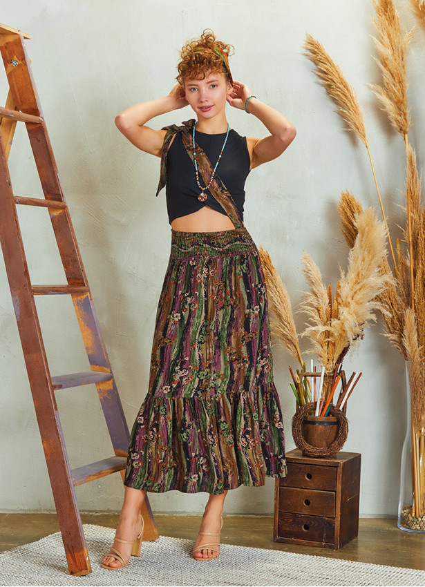 Printed Cross Sach Detailed  Midi Skirt