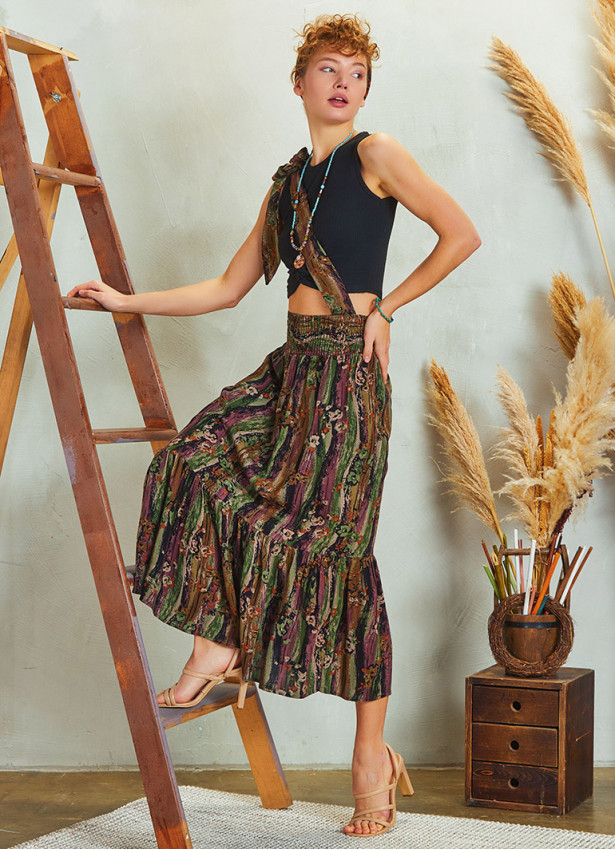 Printed Cross Sach Detailed  Midi Skirt