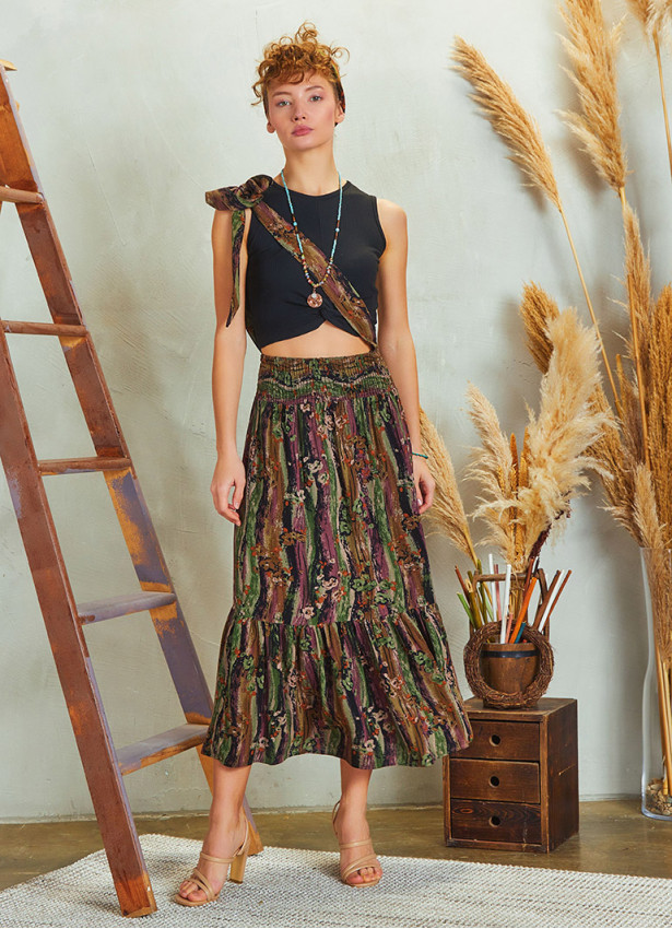 Printed Cross Sach Detailed  Midi Skirt