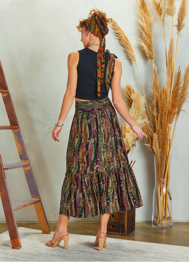 Printed Cross Sach Detailed  Midi Skirt