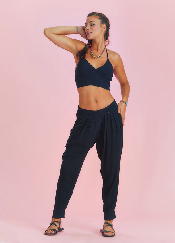 Boho Casual Drop Crotch Black Pleated Pants