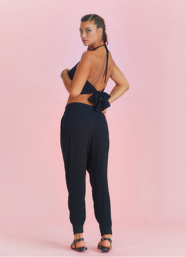 Boho Casual Drop Crotch Black Pleated Pants