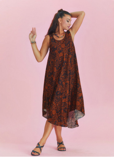 Orange Patterned Scoop Neck Round Hem Sleeveless Dress