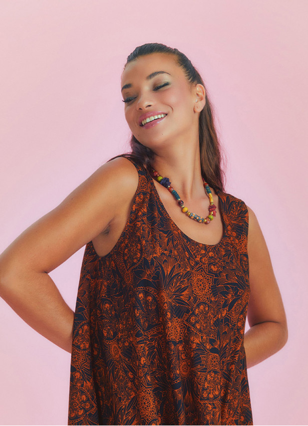 Orange Patterned Scoop Neck Round Hem Sleeveless Dress