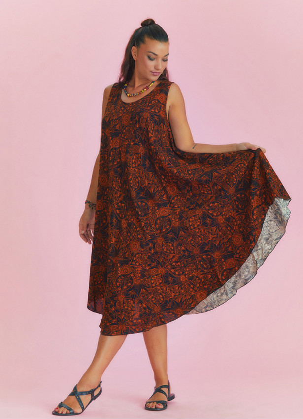 Orange Patterned Scoop Neck Round Hem Sleeveless Dress