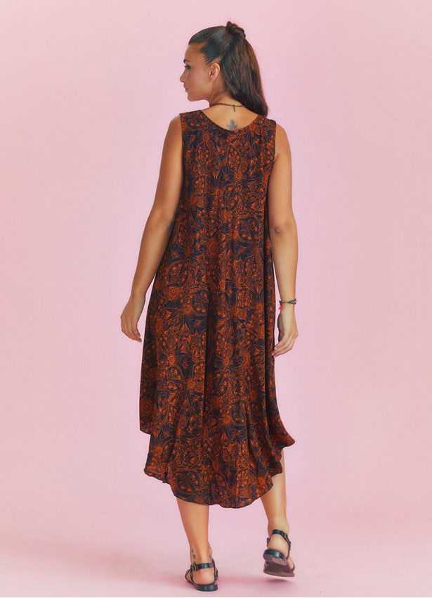 Orange Patterned Scoop Neck Round Hem Sleeveless Dress