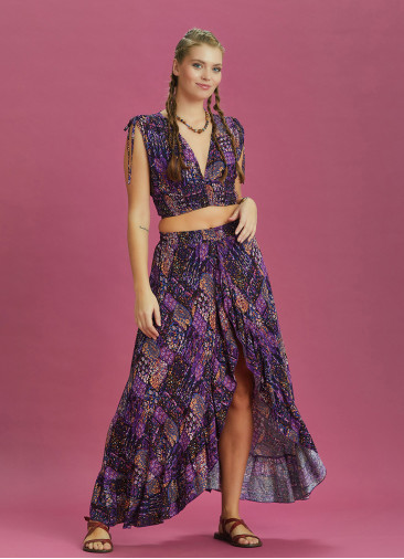 Split Front Frill Hem Purple Print Long Gypsy Skirt