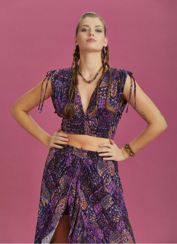 Drawstring Raglan Sleeve Ethnic Print Shirred Top