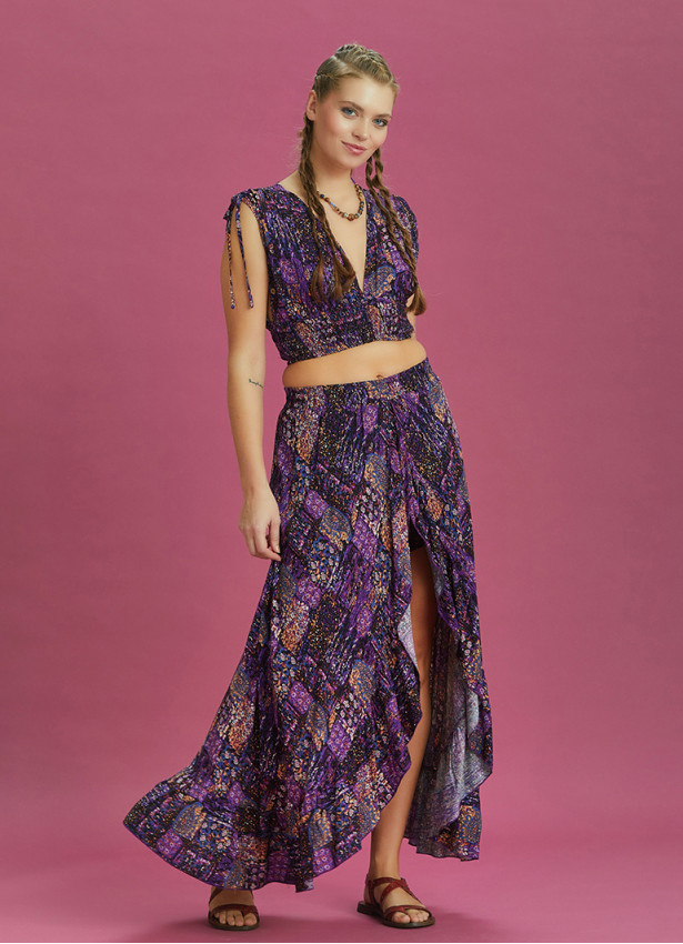 Split Front Frill Hem Purple Print Long Gypsy Skirt