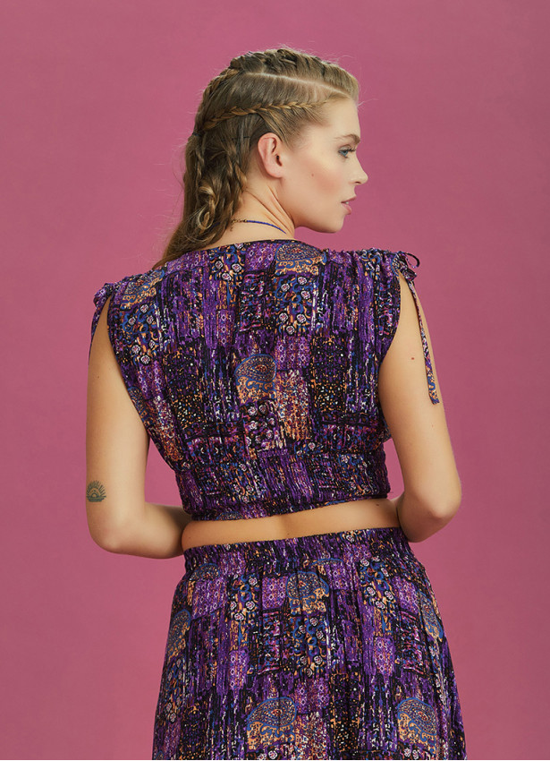 Drawstring Raglan Sleeve Ethnic Print Shirred Top
