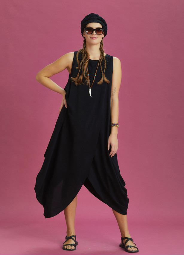 Sleeveless Front Layered Black Baggy Summer Dress