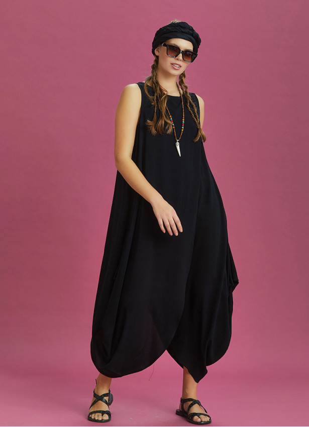 Sleeveless Front Layered Black Baggy Summer Dress
