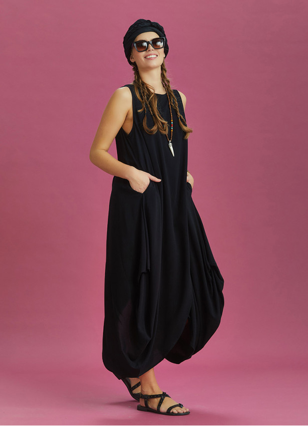 Sleeveless Front Layered Black Baggy Summer Dress