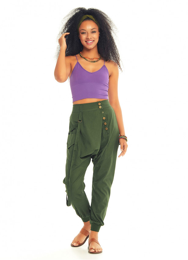 Pocket-Detail Elastic Ankle Cuffs Wrap Front Baggy Harem Pants