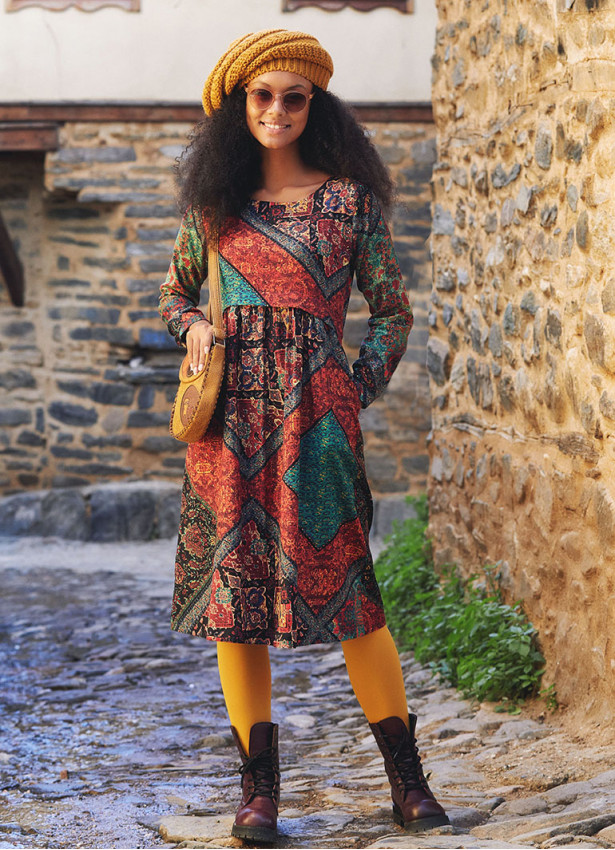 Boat Neckline Ruffle Detailed Long Sleeve Ethnic Print Midi Dress