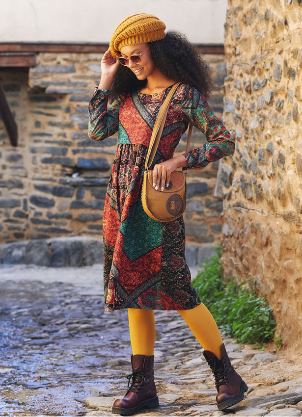 Boat Neckline Ruffle Detailed Long Sleeve Ethnic Print Midi Dress