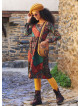 Boat Neckline Ruffle Detailed Long Sleeve Ethnic Print Midi Dress