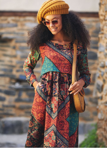 Boat Neckline Ruffle Detailed Long Sleeve Ethnic Print Midi Dress