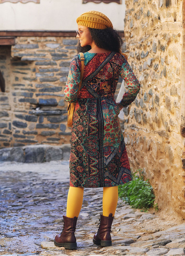 Boat Neckline Ruffle Detailed Long Sleeve Ethnic Print Midi Dress