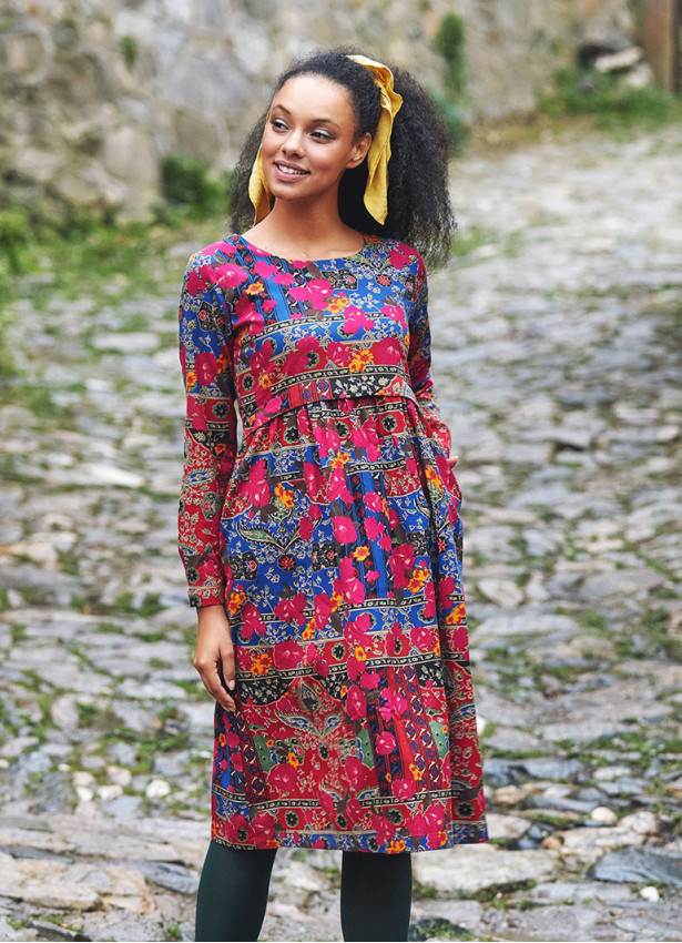 Boat Neckline Ruffle Detailed Long Sleeve Floral Print Midi Dress