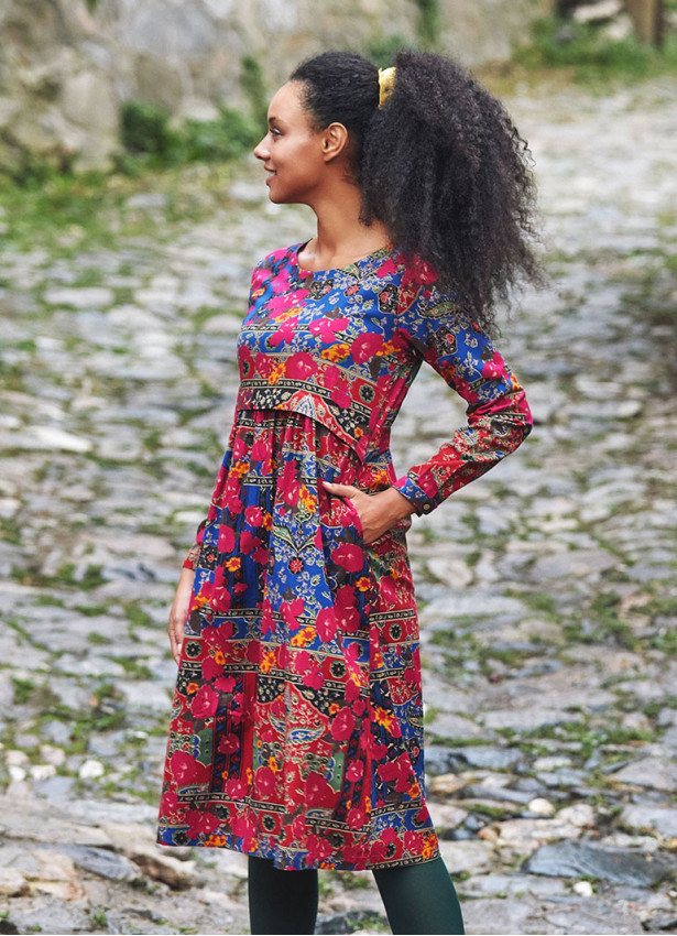 Boat Neckline Ruffle Detailed Long Sleeve Floral Print Midi Dress