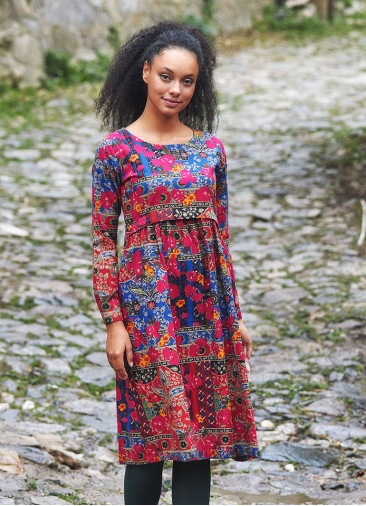 Boat Neckline Ruffle Detailed Long Sleeve Floral Print Midi Dress
