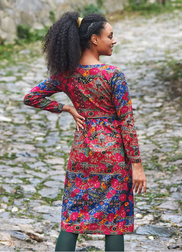 Boat Neckline Ruffle Detailed Long Sleeve Floral Print Midi Dress