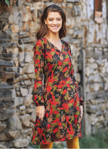Sash Detailed V Neck Long Sleeve Flared Red Leaf Dress