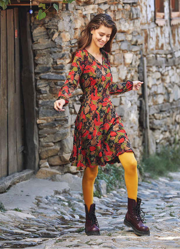 Sash Detailed V Neck Long Sleeve Flared Red Leaf Dress