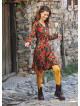 Sash Detailed V Neck Long Sleeve Flared Red Leaf Dress