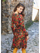 Sash Detailed V Neck Long Sleeve Flared Red Leaf Dress