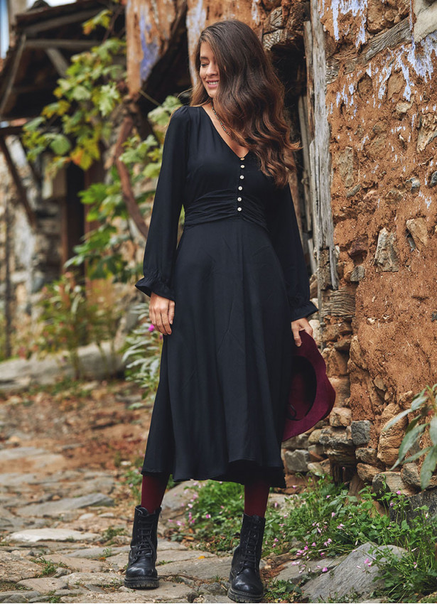 Boho Style Ruffle Sleeve Long Black Dress