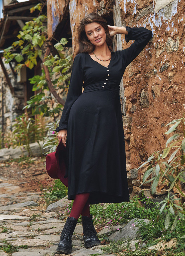 Boho Style Ruffle Sleeve Long Black Dress