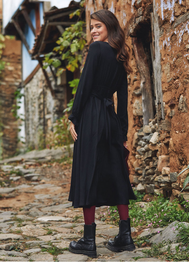 Boho Style Ruffle Sleeve Long Black Dress