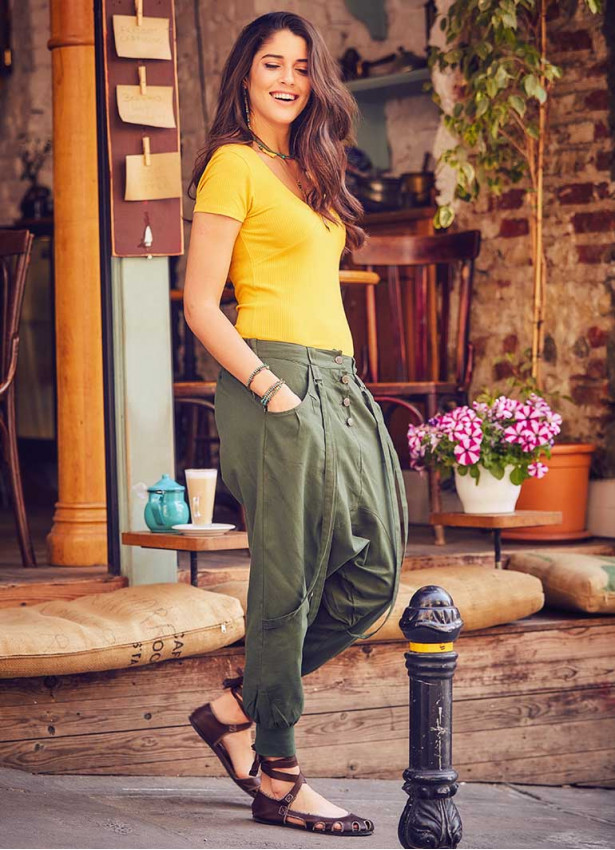 Elastic Ankle Cuffs Buttoned Khaki Shalwar Pants