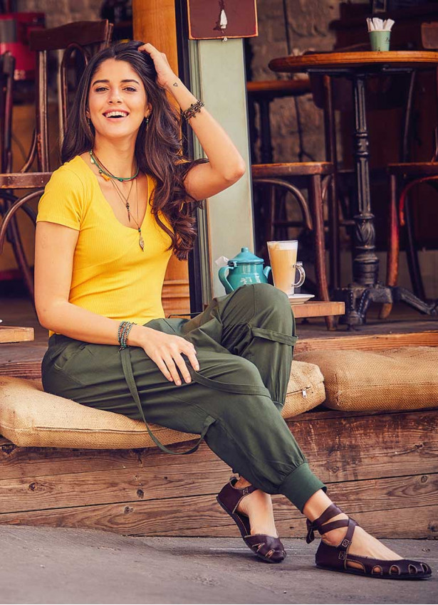 Elastic Ankle Cuffs Buttoned Khaki Shalwar Pants