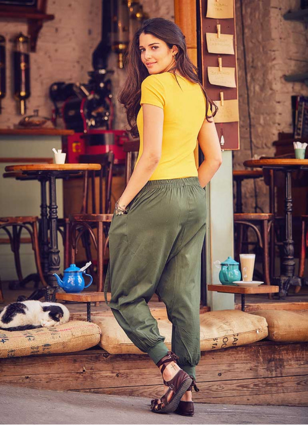 Elastic Ankle Cuffs Buttoned Khaki Shalwar Pants