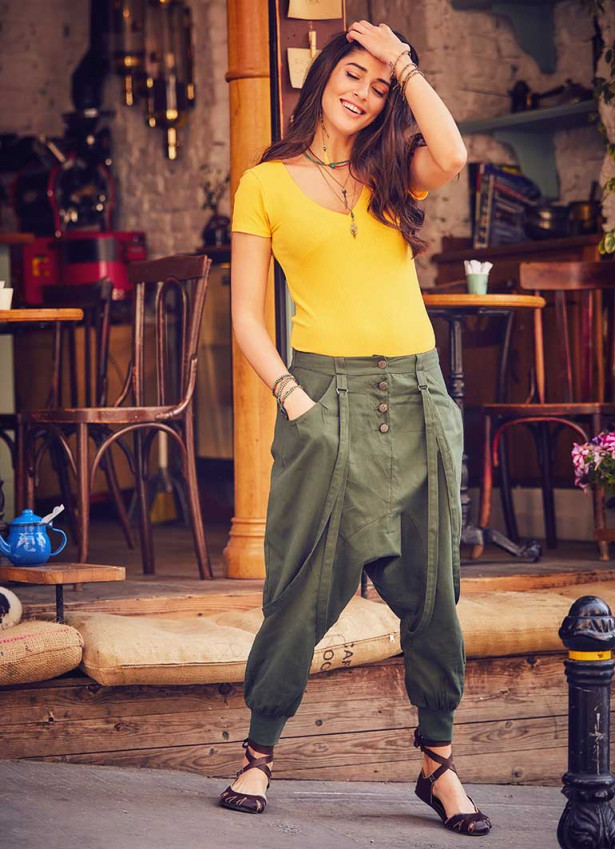 Elastic Ankle Cuffs Buttoned Khaki Shalwar Pants