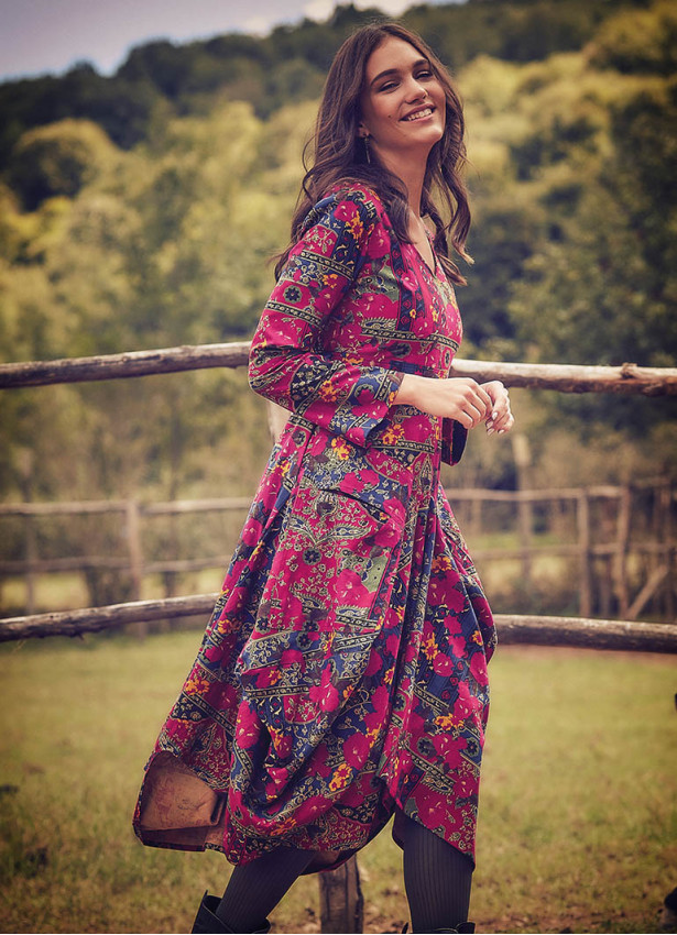Roma Printed Tie Waist Long Sleeve Dress