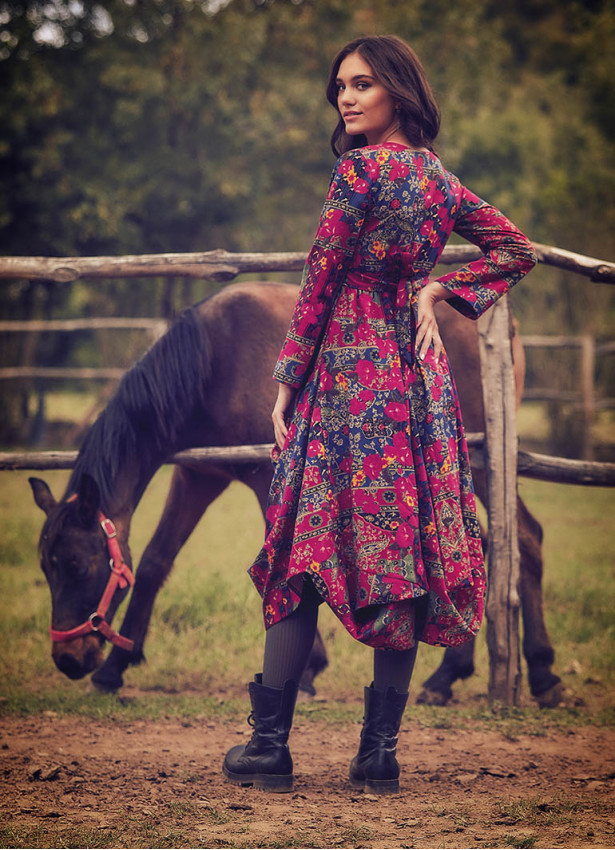 Roma Printed Tie Waist Long Sleeve Dress
