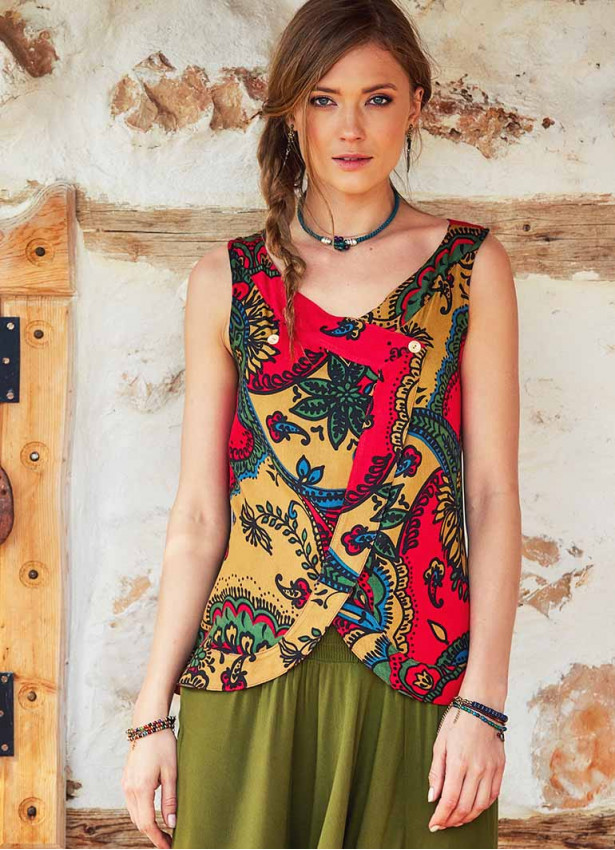 Crew Neck Sleeveless Wrap Back Summer Red Top