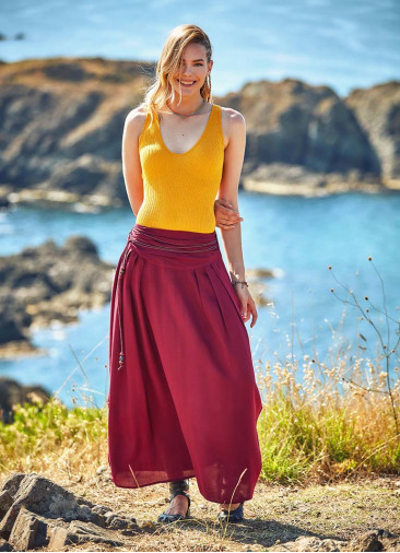 Drapped Wooden Beaded Belt Claret Gypsy Long Skirt
