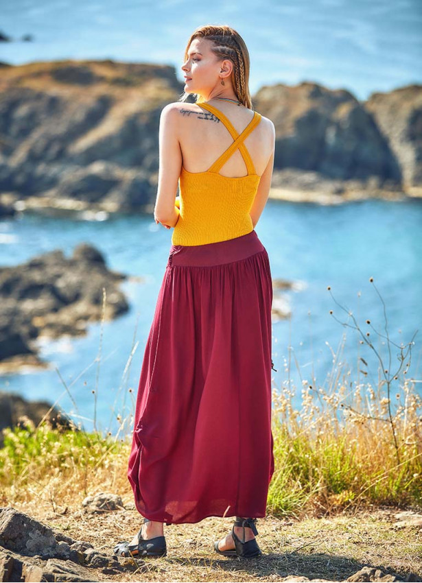 Drapped Wooden Beaded Belt Claret Gypsy Long Skirt