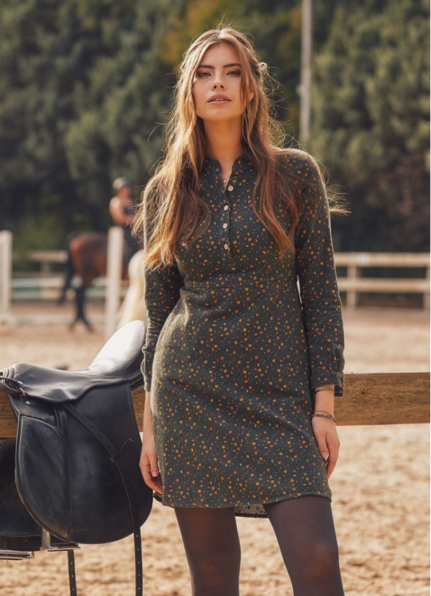 Long Sleeve Green Flowers Dress