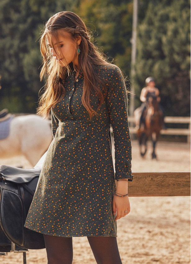Long Sleeve Green Flowers Dress