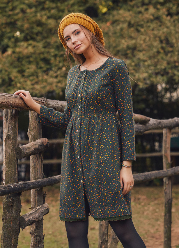 Nervure Front Laced Hem Long Sleeve Green Dress