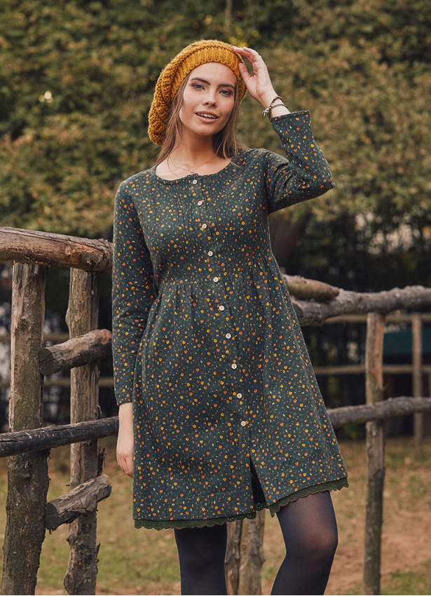 Nervure Front Laced Hem Long Sleeve Green Dress